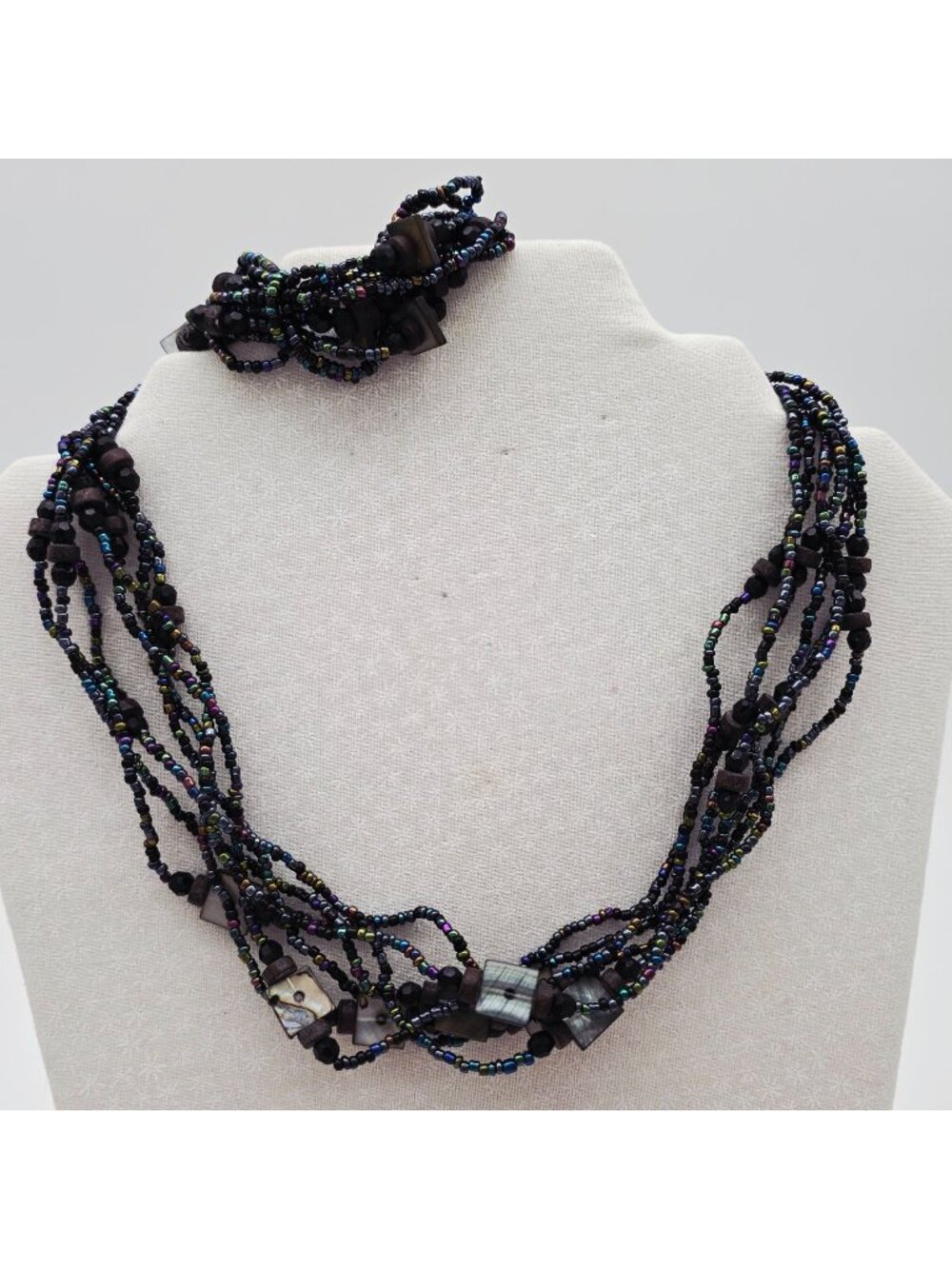 Iridescent Black Multistrand Seed Bead Necklace & Bracelet Set With Shell Accent